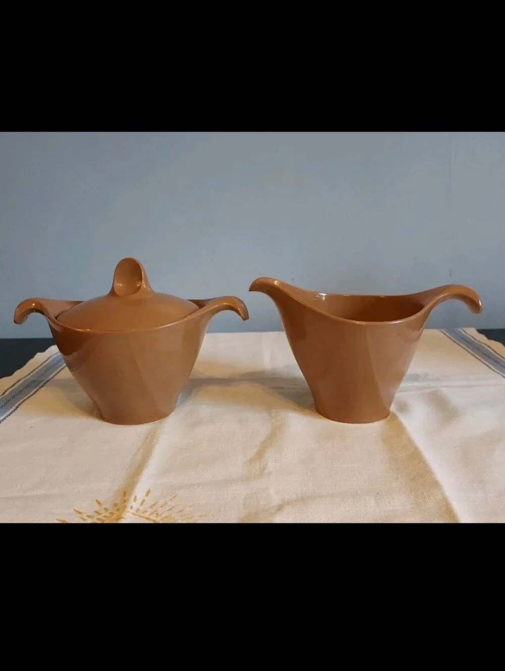 MCM Vintage Lenotex Lenox Melmac Melamine Sugar & Creamer Set Mocca Brown Nice!